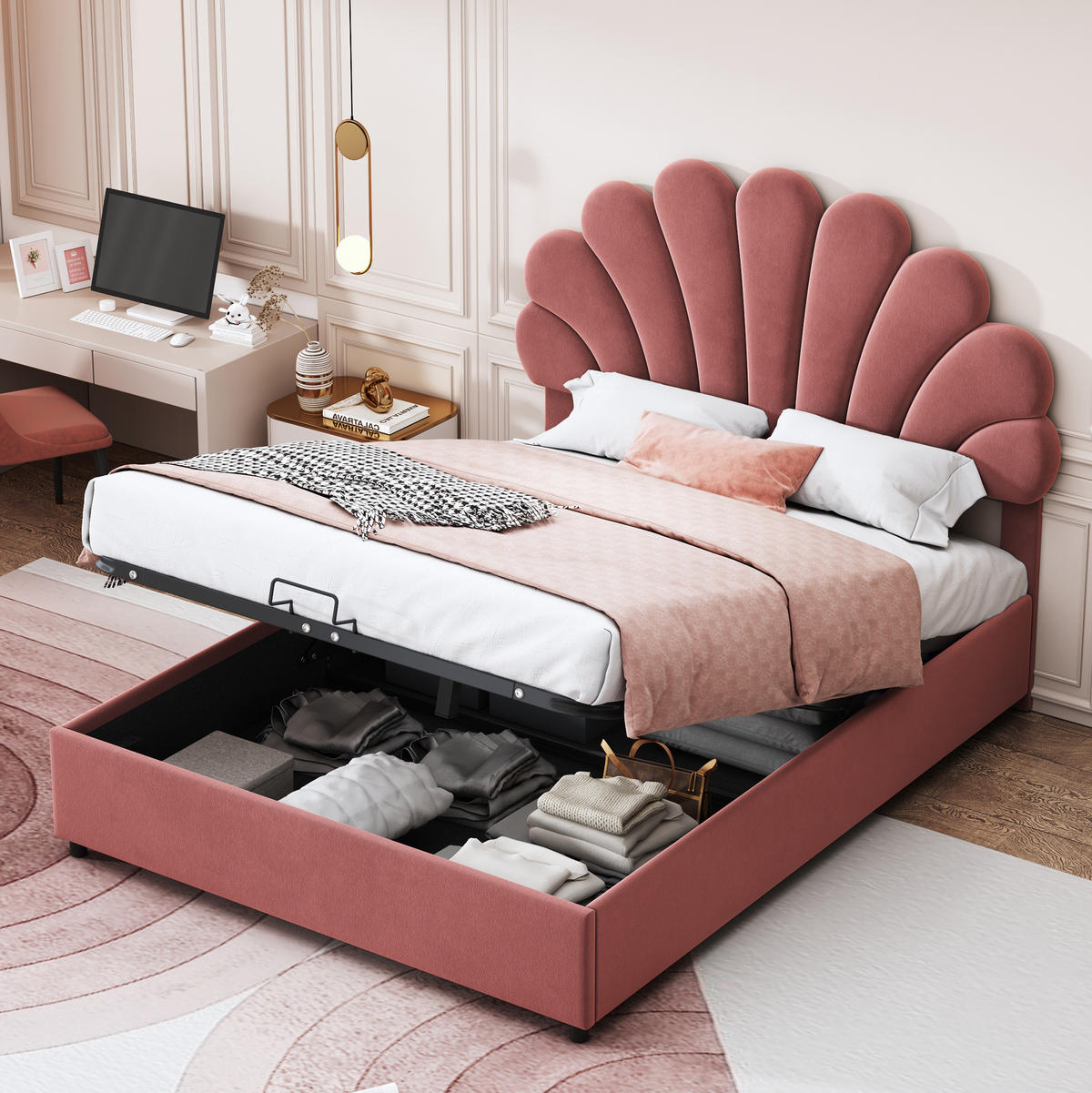 POLSTERBETT mit Stauraum 140x200 cm Samt Pink mit Lattenrost - Pink, Metall (140/200cm) - Meubliv