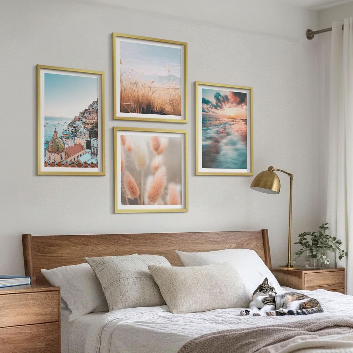 BILDER SET 4er Set - 50x50 cm & 40x60 cm Goldrahmen - Sonnenuntergang am Meer, Häuser, Blumen - Goldfarben, Kunststoff (50/50cm) - TULUP