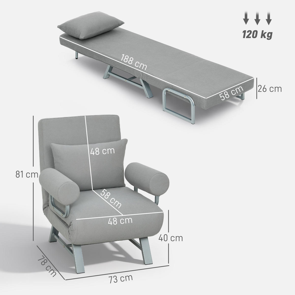 SCHLAFSESSEL 3-in-1 Sessel Bett-Funktion und Zierkissen, Hellgrau - Hellgrau/Grau, Textil/Metall (73/81/78cm) - HOMCOM
