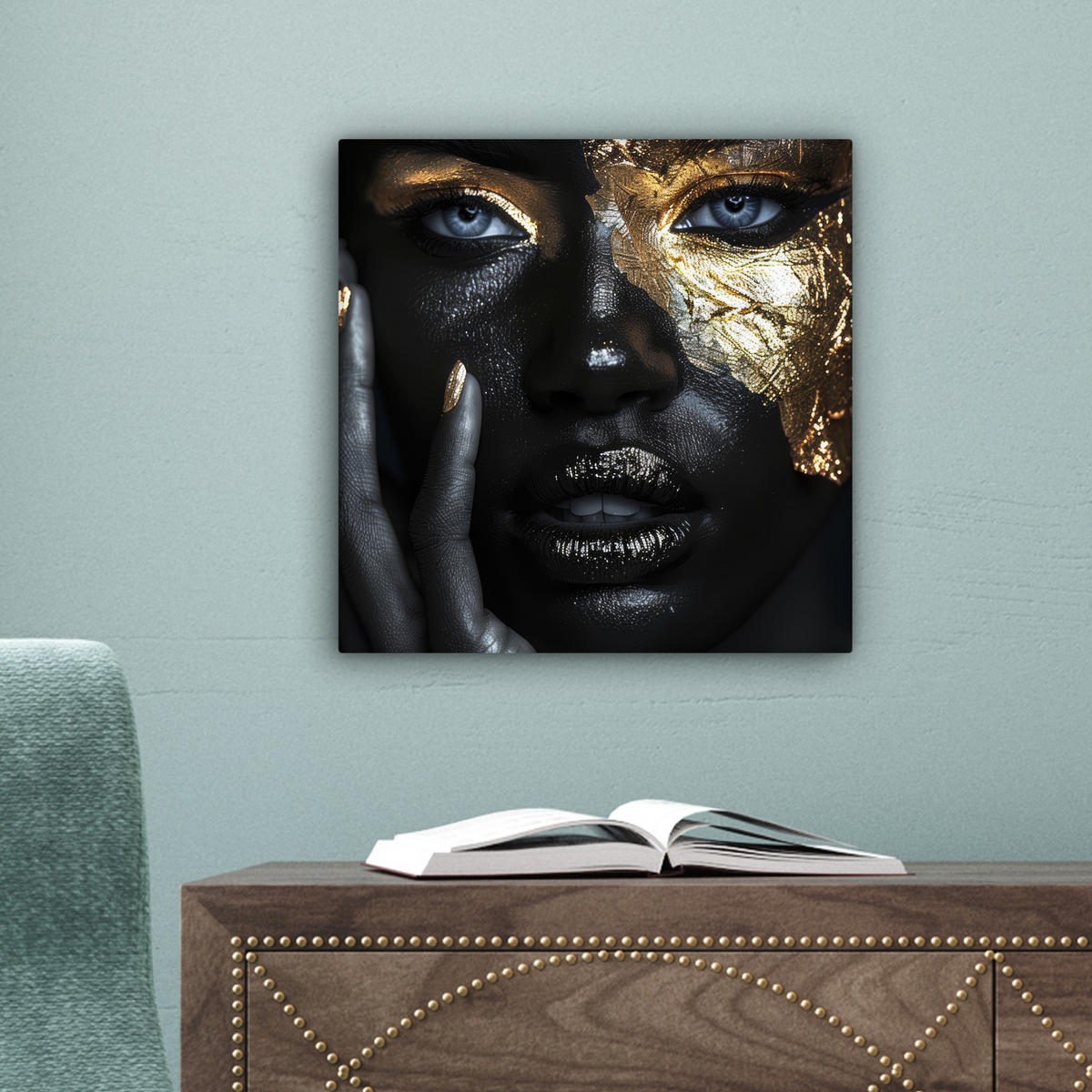 LEINWANDBILD Frau - Gold - Porträt - Schwarz-Weiß - Luxus Deko Wohnzimmer 20x20 cm - Hellblau, Textil (20/20cm) - MuchoWow