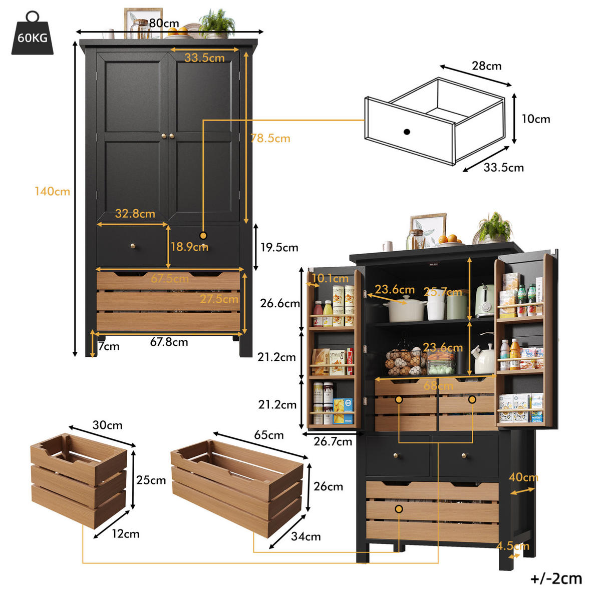 HIGHBOARD 80/40/140 cm aus MDF/Metall mit 5 Schubladen und Doppeltür Schwarz - Schwarz, Holzwerkstoff (80/140/40cm) - Modenvie