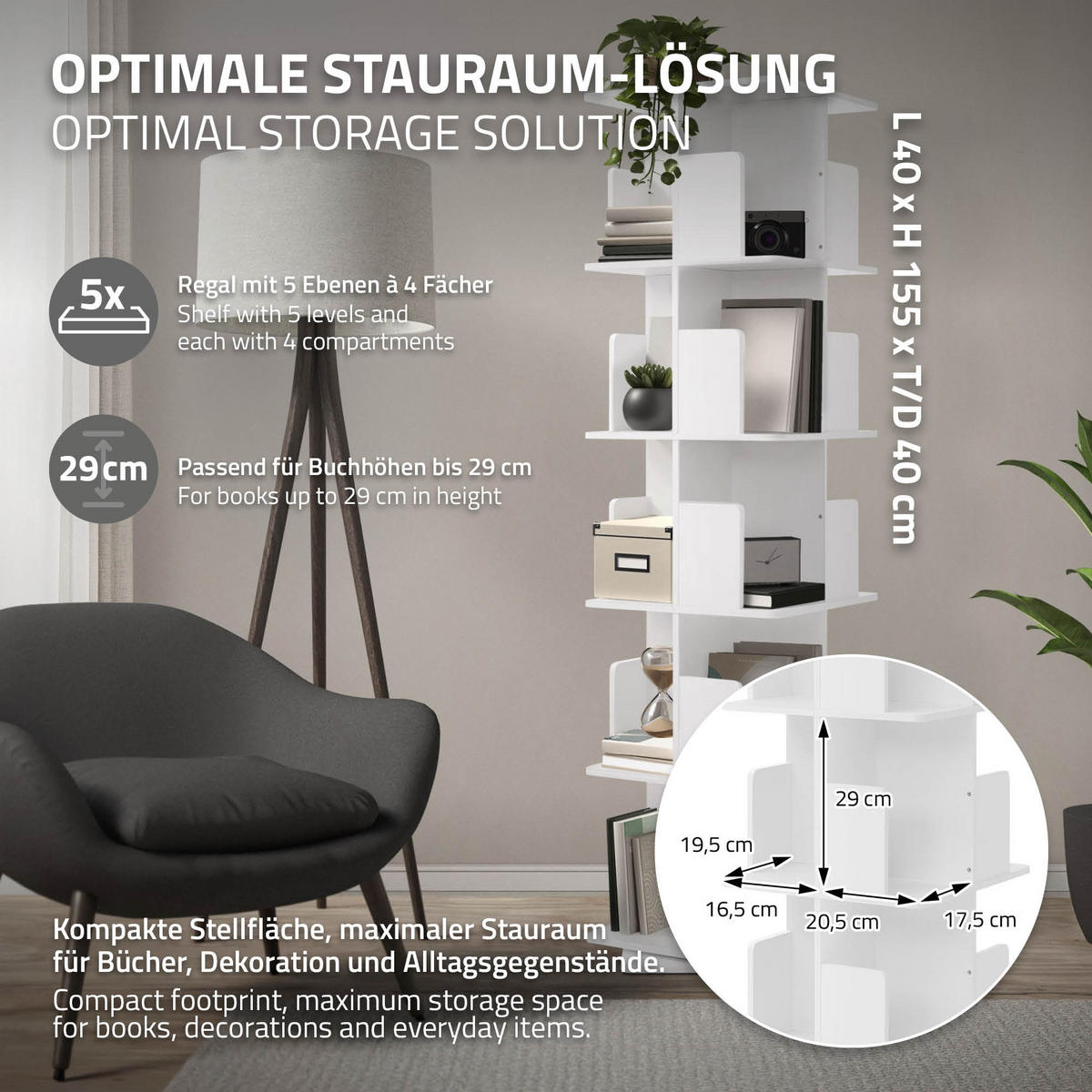 BÜCHERREGAL Kinder mit 5 Ebenen Weiß 40x155x40 cm Drehbar 360 Grad - Weiß, Holzwerkstoff (40/155/40cm) - ML-DESIGN