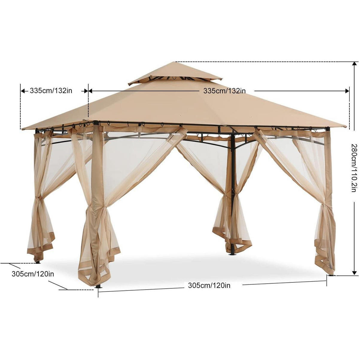 GARTENPAVILLON mit Netz und Doppeldach 3.35 x 3.35 m Beige - Beige, Textil (304.8/280.4/304.8cm)