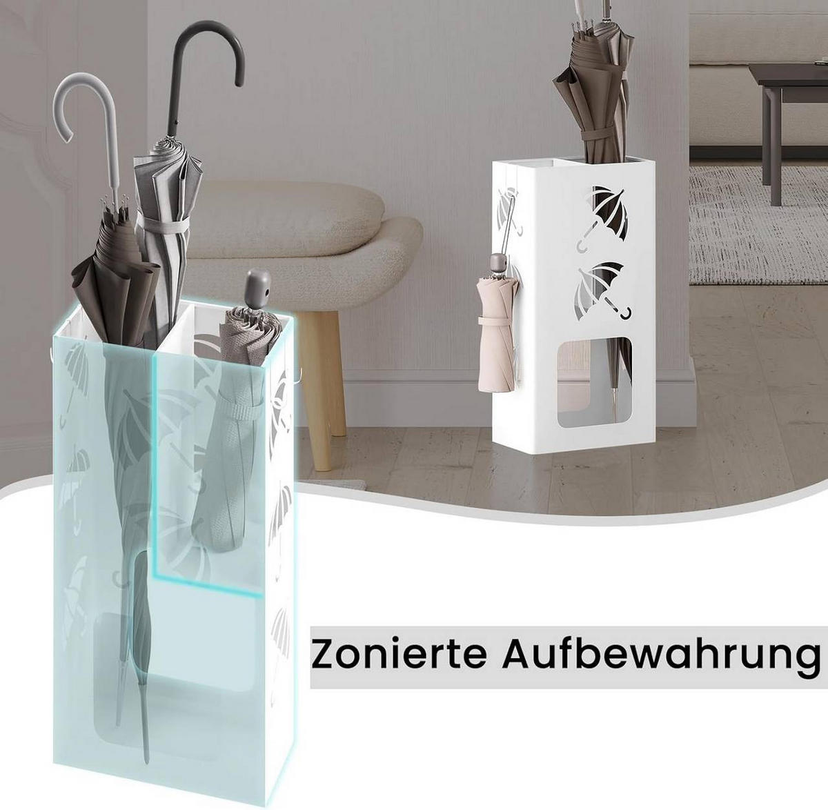SCHIRMSTÄNDER 2 Slots, 4 Haken, Metall , Weiß - Weiß, Metall (25/49/15cm) - Woltu