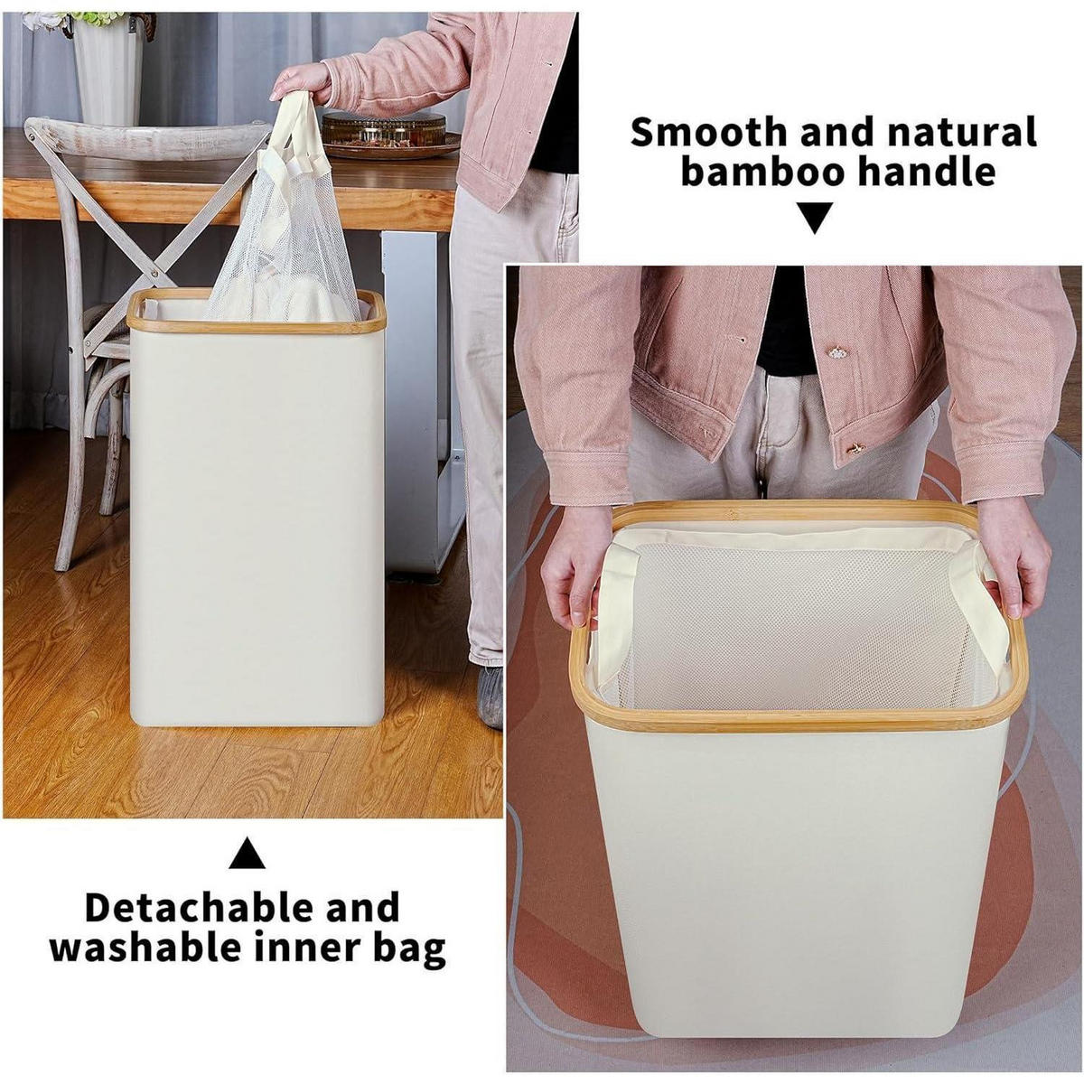 WÄSCHEKORB mit Deckel und Innentasche Beige 75L - Creme, Textil (27.5/66/41cm)