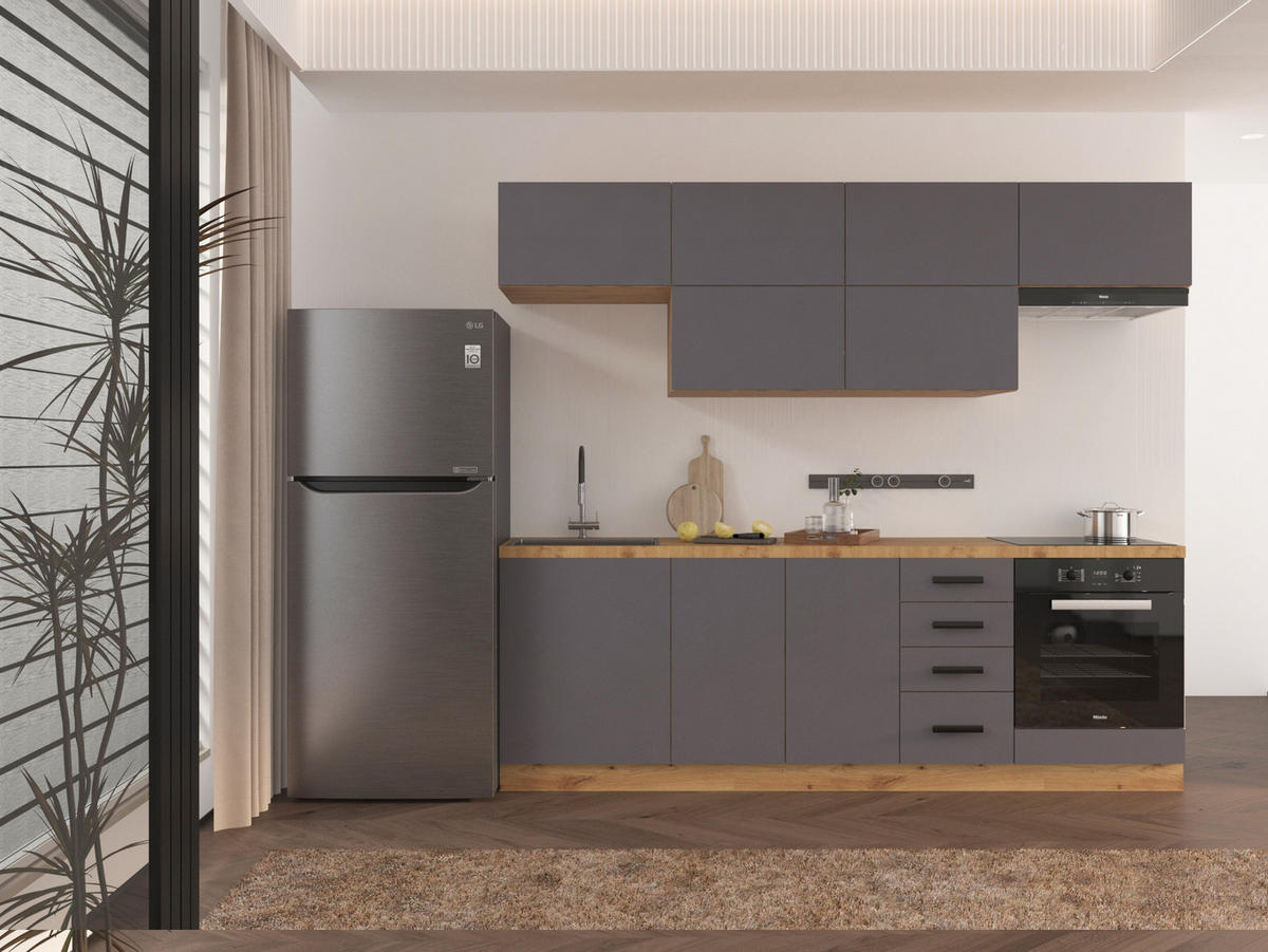 KÜCHENZEILE 240 - Langen KL2-M240 in Grau/Matt - Schwarz/Grau, Holz/Metall (240/212/58cm)