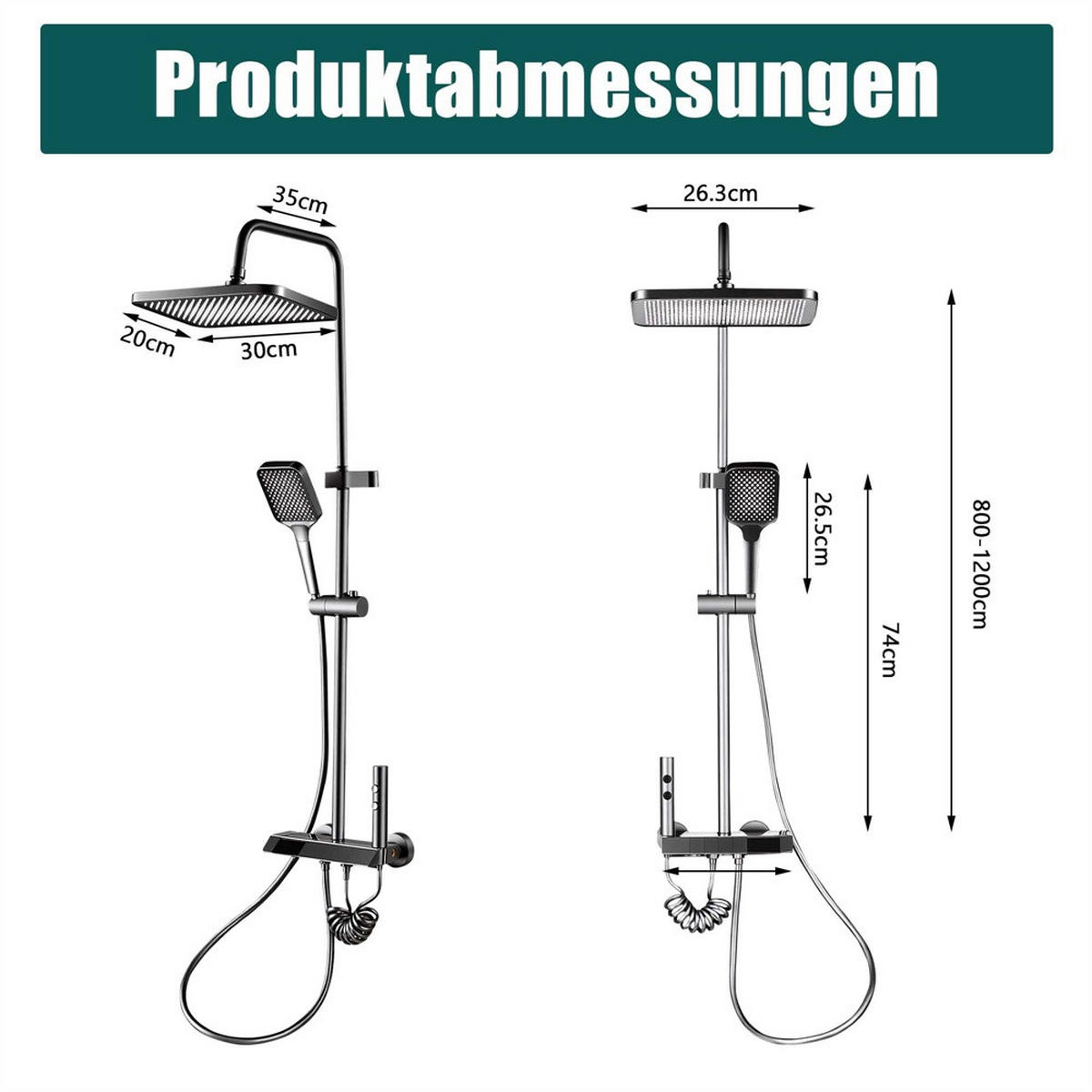 DUSCHSYSTEM mit Digitalanzeige und LED-Beleuchtung - Höhenverstellbare Duschstange mit Handbrause - Grau - Grau, Metall (35/120/30cm) - DELFA