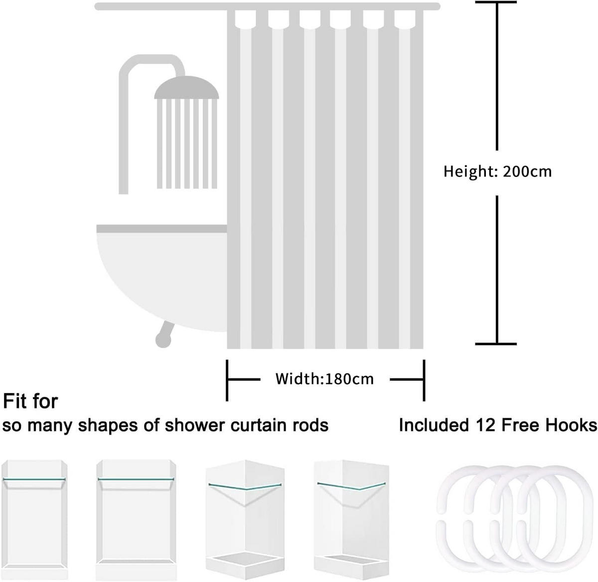 DUSCHVORHANG schimmelresistent Grau gestreift Stoff für Badewanne waschbar Badezimmer - Weiß, Textil (180/200cm) - MCBOSON