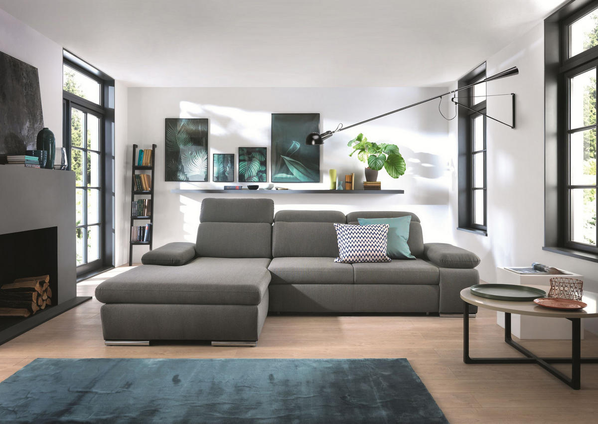 ECKSOFA GUIDO Grau Velours-Stoff mit Schlaffunktion - Grau, Holz (285/194cm) - MASSENO