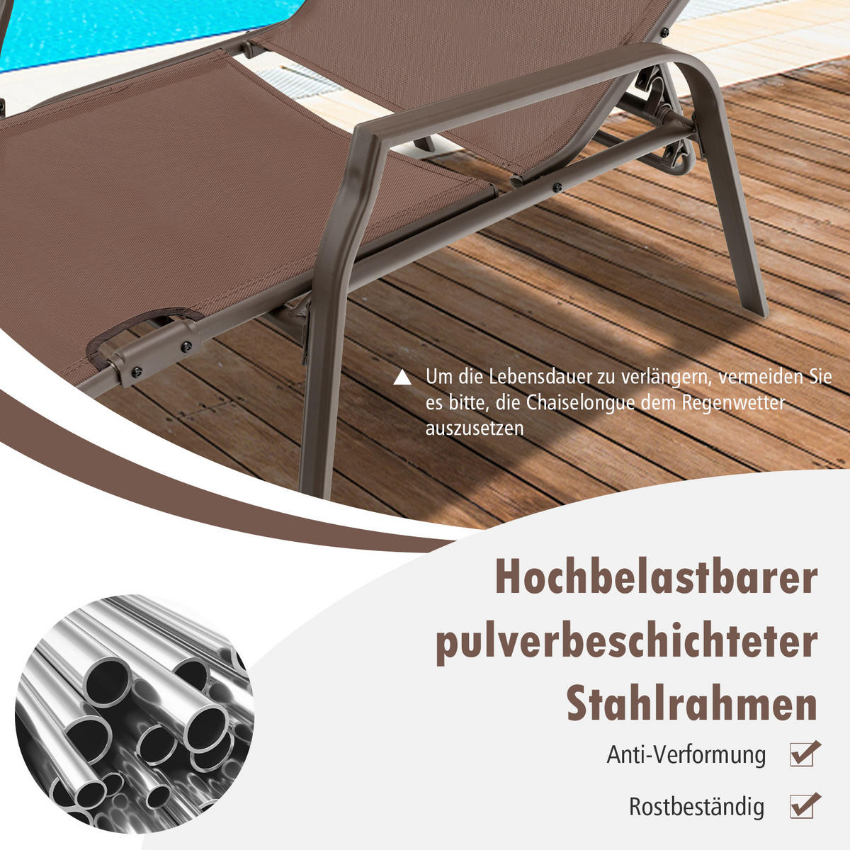 SONNENLIEGE Klappbare Braun(2er-Set) - Braun, Metall (71/94/192cm) - COSTWAY