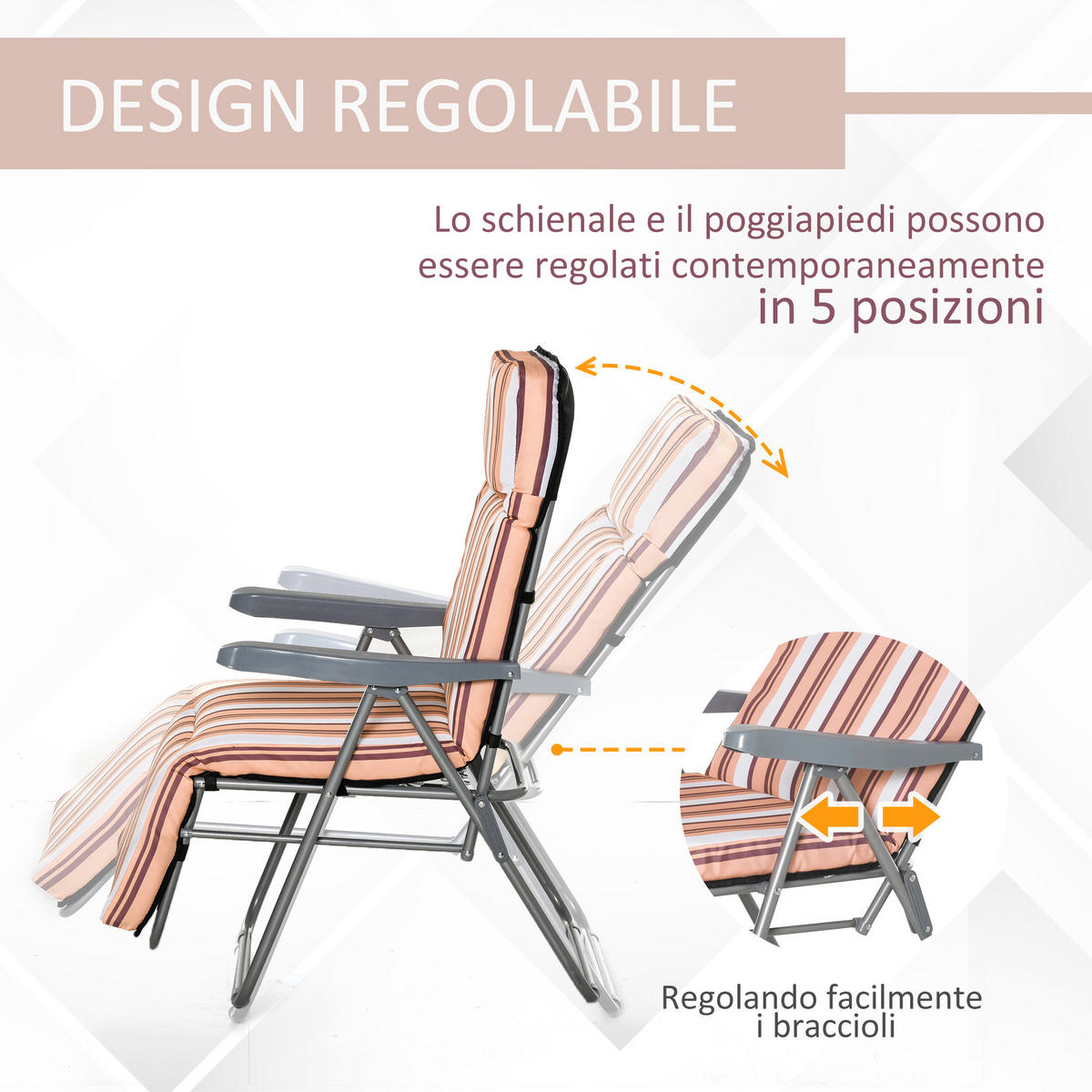 SONNENLIEGE 2er-Set, 5-fach verstellbar, 60 x 75 x 102 cm, Grau-Orange - Pink, Metall (75/102/60cm) - Vallsero