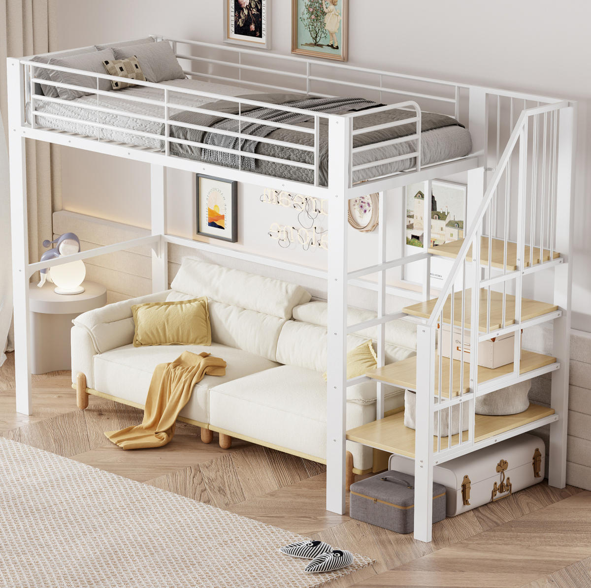 HOCHBETT 90/200 cm Weiß mit Stauraum und Treppe aus Metall - Weiß, Metall (90/200cm) - MIVRAY