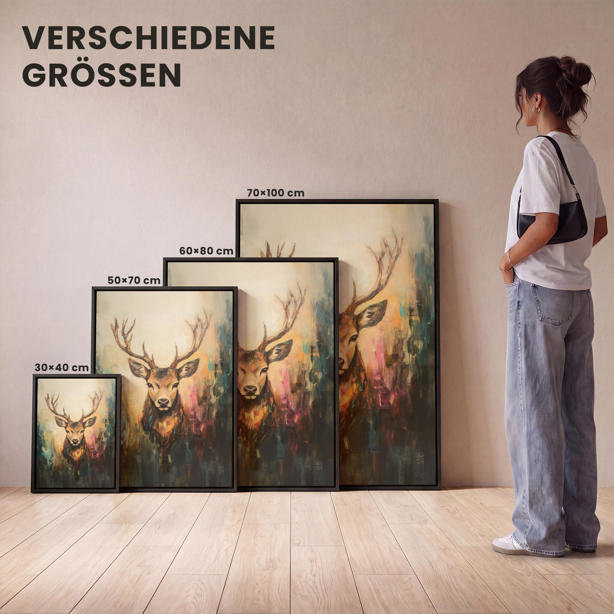 LEINWAND Bilder mit Rahmen - Hirsch - Gemalt - Geweih - Braun - 70x100 - Haselnussfarben, Textil (70/100cm) - MuchoWow