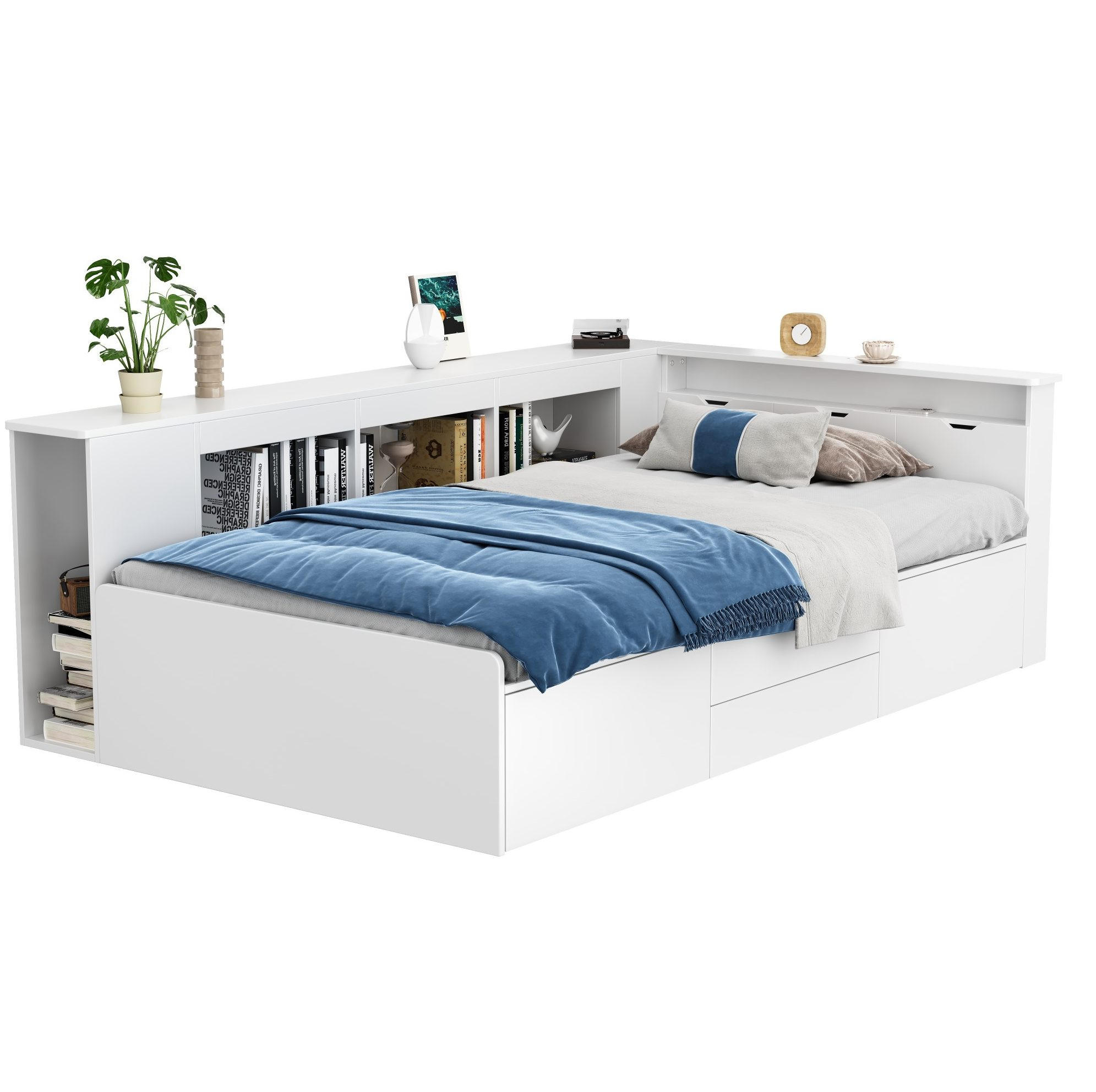 KINDERBETT 90/200 cm aus MDF mit 4 Schubladen, Bücherregal und Stauraum Weiß - Weiß, Holzwerkstoff (90/200cm) - Modenvie