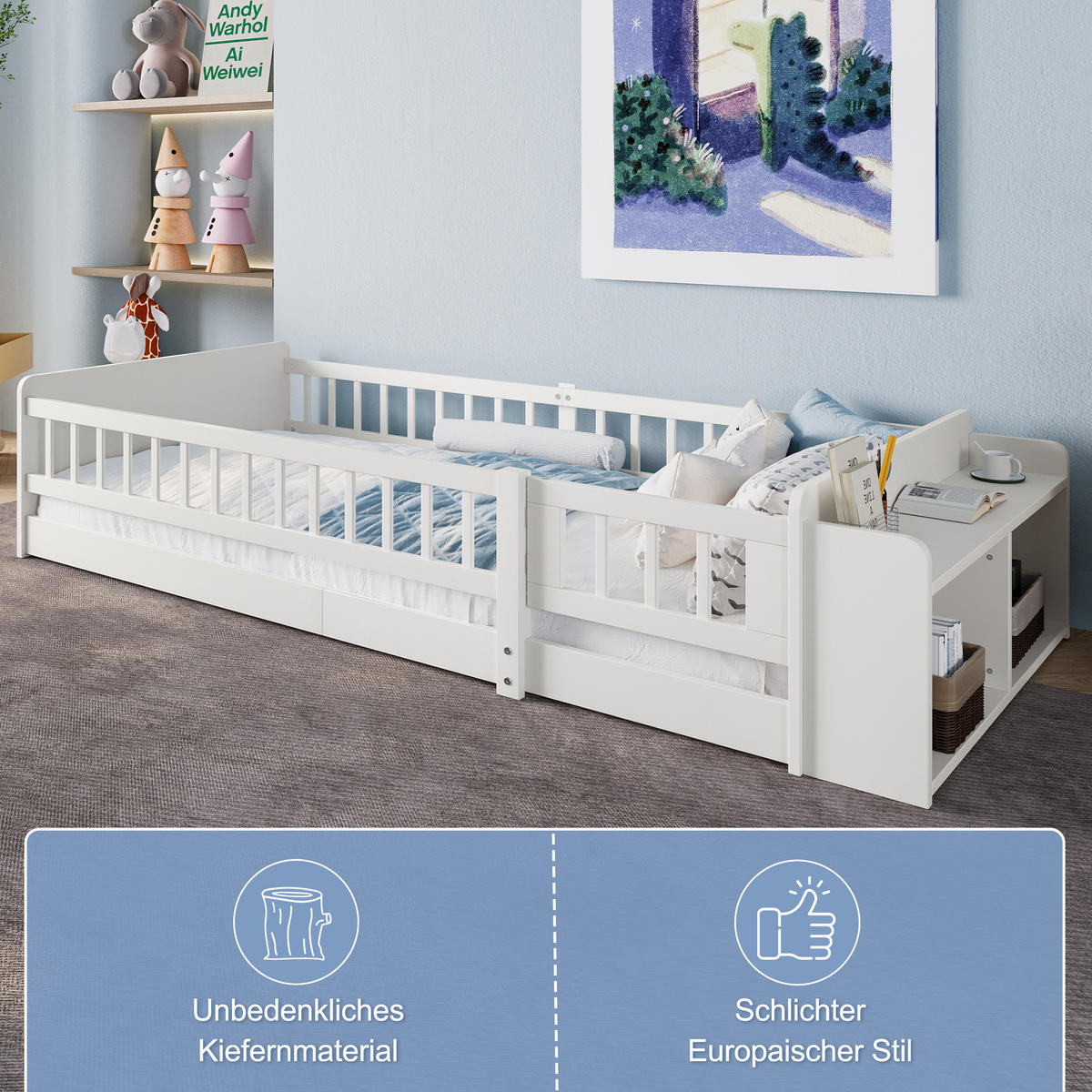 KINDERBETT 90x200cm Weiß Kiefernholz Ohne Matratze - Weiß, Holzwerkstoff - FLIEKS