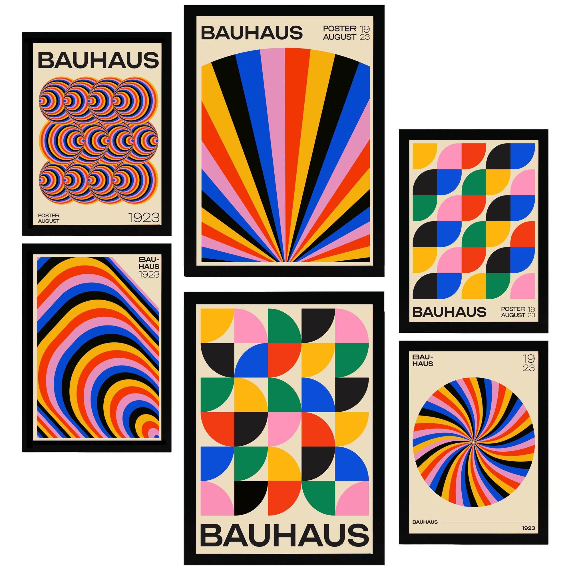 POSTER Set Mit 6 Geometrische Bauhaus Farben & Formen A3 & A4 Schwarzer Rahmen - Schwarz, Papier (29/3cm) - Nacnic