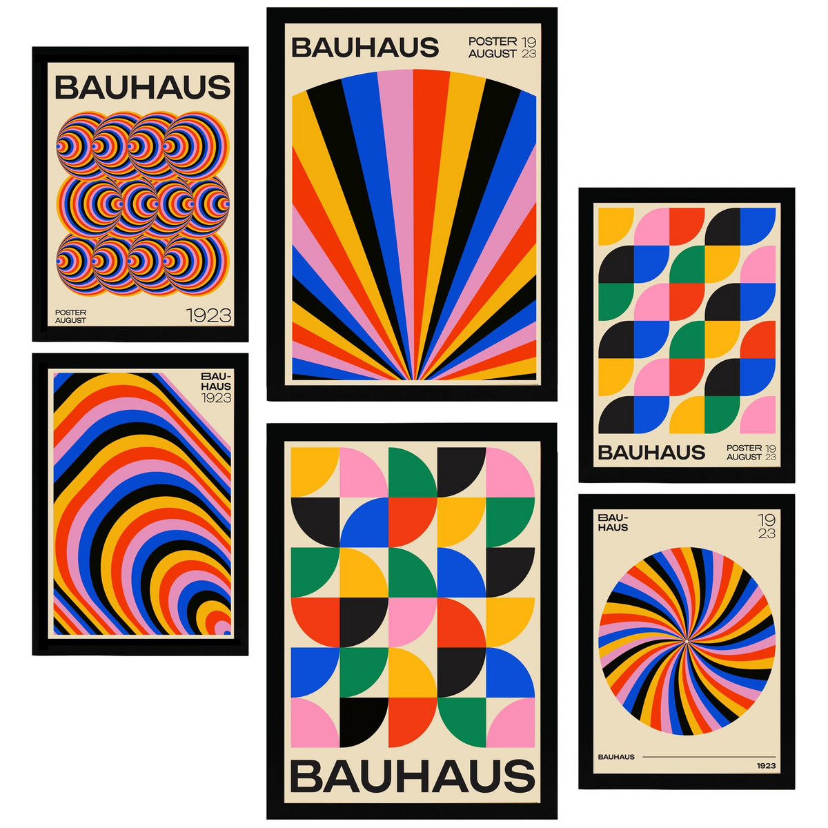 POSTER Set Mit 6 Geometrische Bauhaus Farben & Formen A3 & A4 Schwarzer Rahmen - Schwarz, Papier (29/3cm) - Nacnic