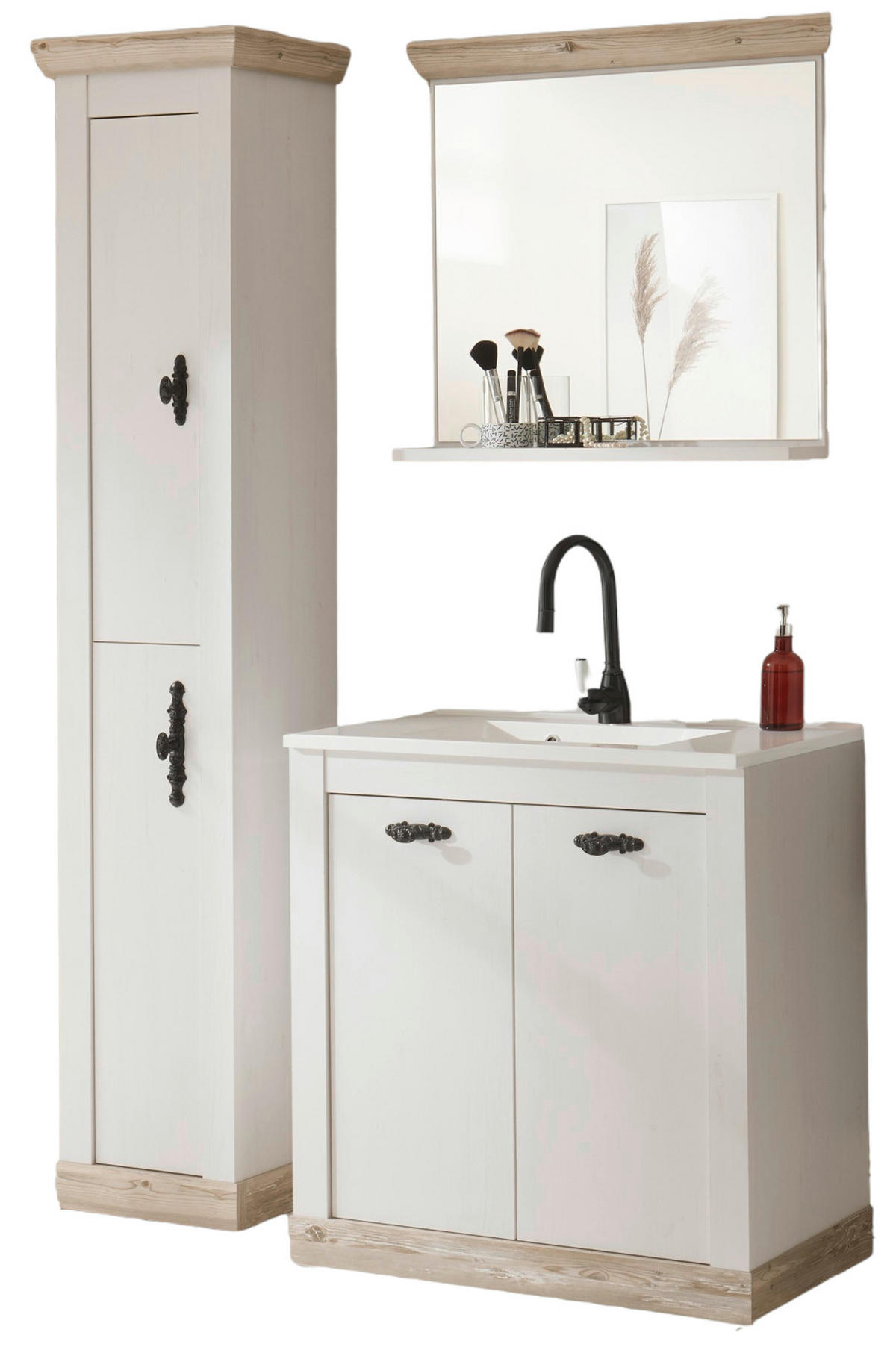 BADKOMBINATION Pinie weiß, Oslo Pinie, Landhaus Badmöbel Set 4-tlg. MIT Waschbecken 143 x 200 cm - Dunkelgrau/Weiß, Holzwerkstoff/Metall (143/200/46cm) - Furn.Design