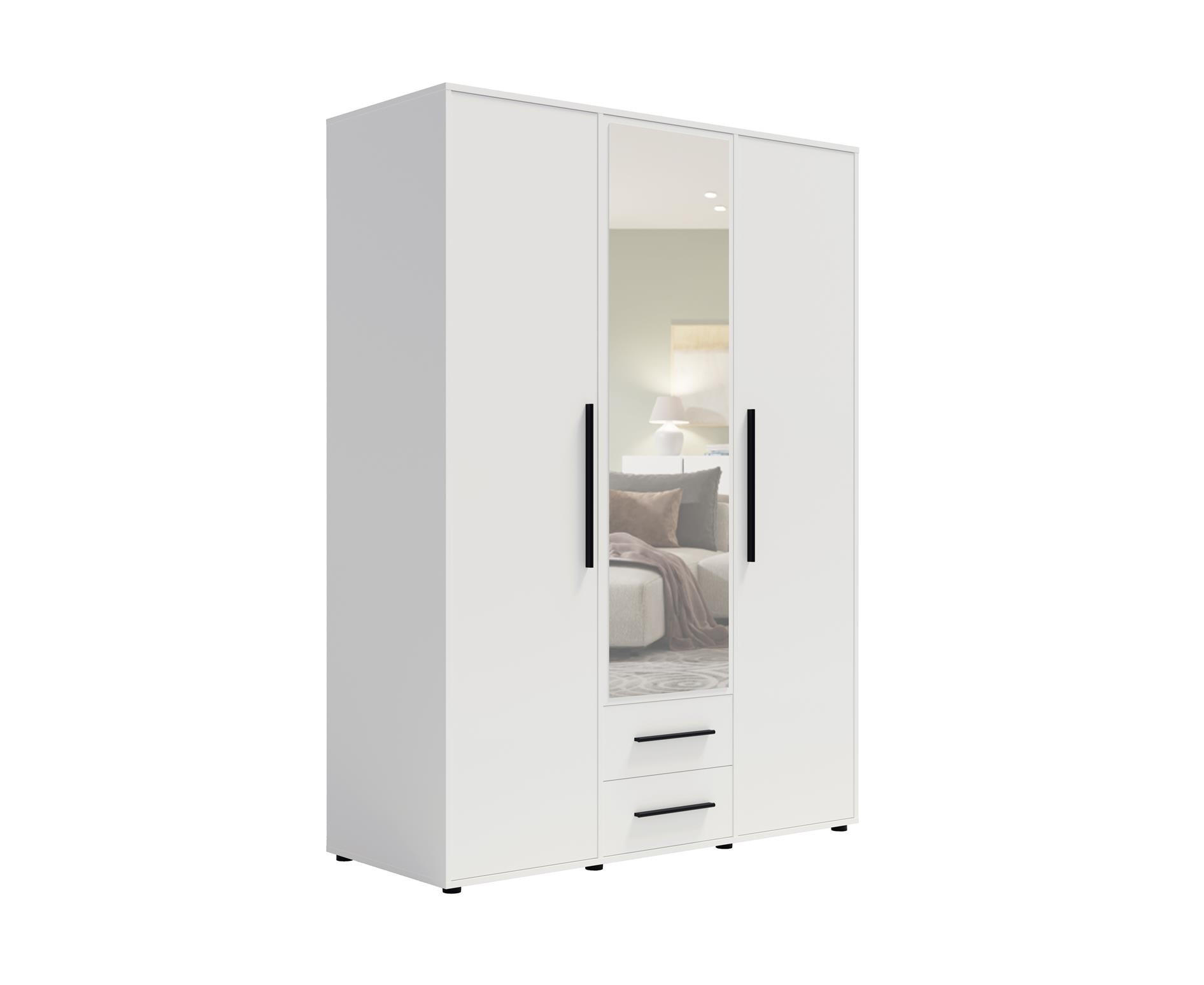 KLEIDERSCHRANK Maxivo Weiß, dreitüriger Kippschrank mit Schubladen und Spiegel, Erweiterung - Schwarz/Weiß, Holzwerkstoff (150/248/59cm) - Bettso