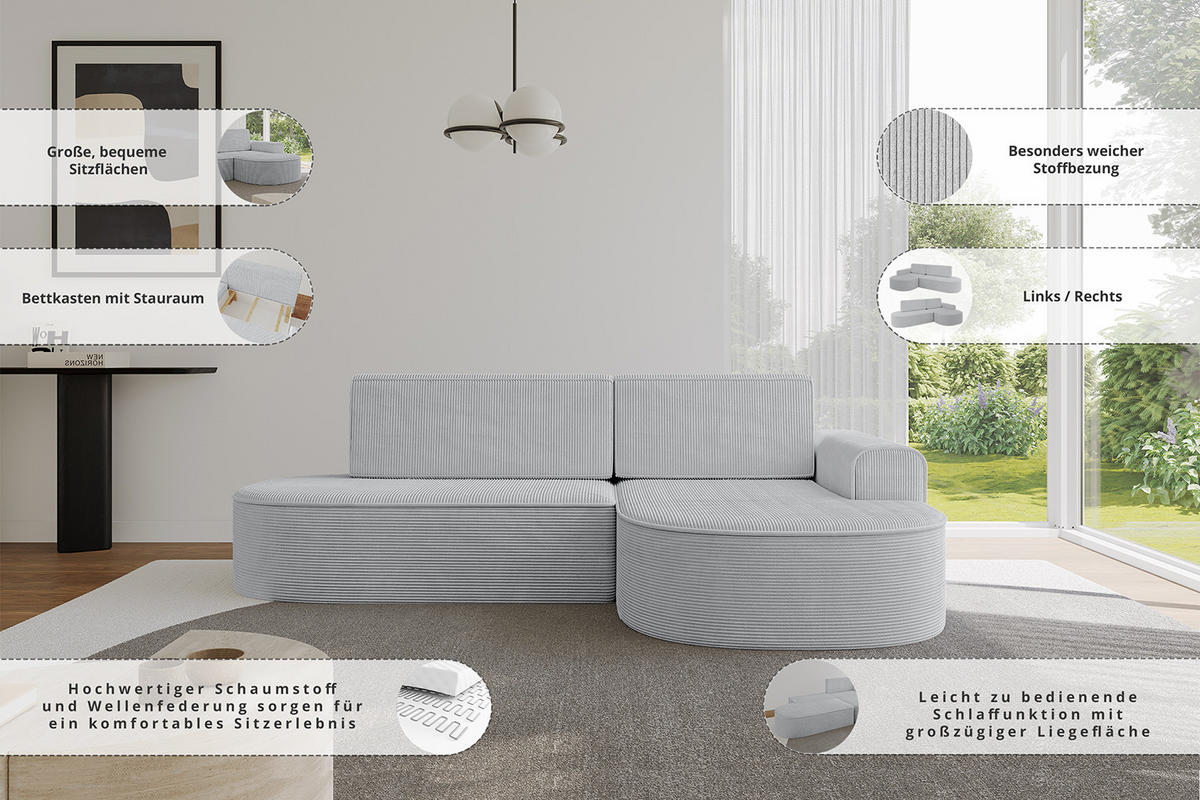 ECKSOFA mit Schlaffunktion und Bettkasten Ottomane Rechts MARI-L1-S - 283x167x73 cm Grau Velours - Anthrazit/Schwarz, Holzwerkstoff/Kunststoff (167/283cm) - ALTDECOR