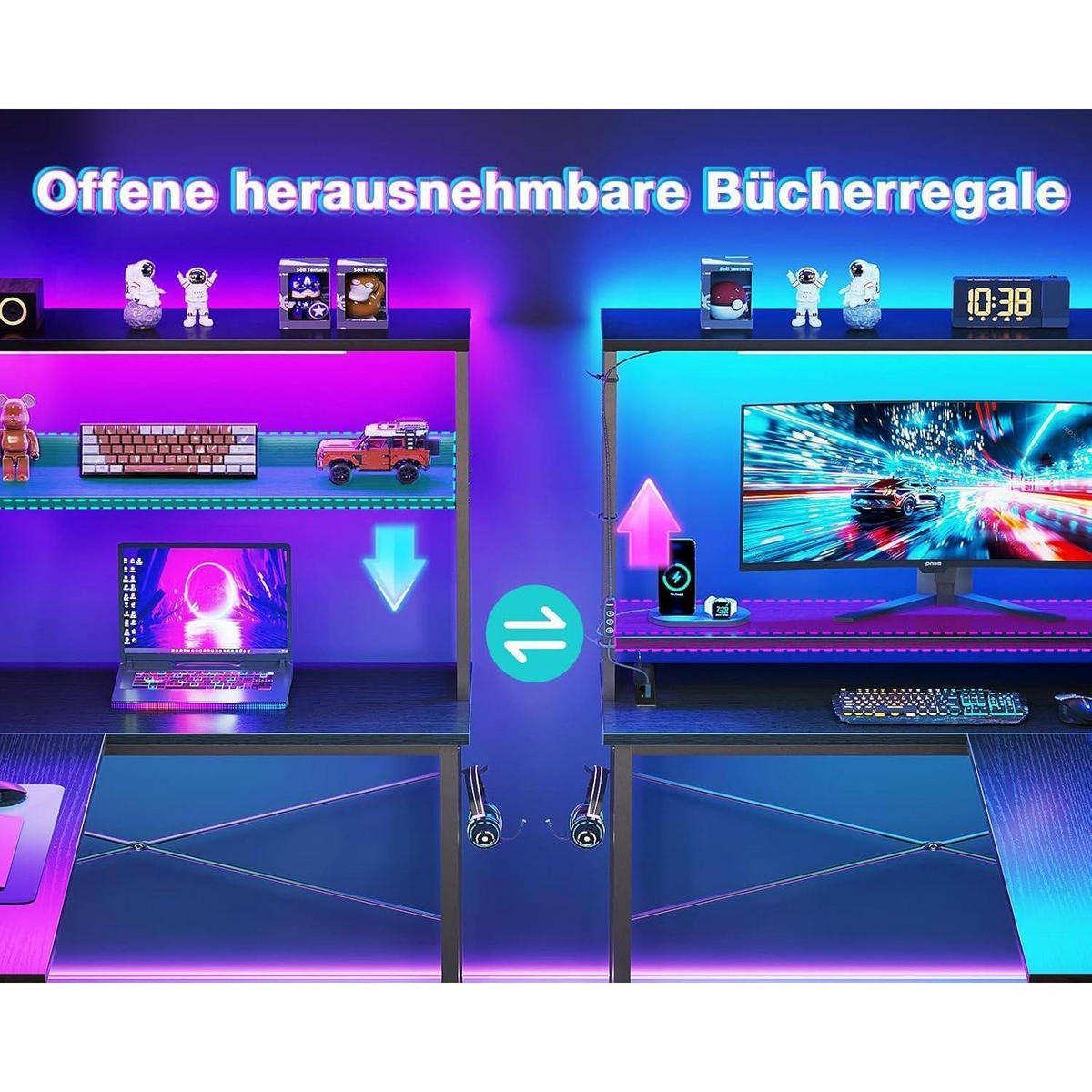 SCHREIBTISCH L-Form mit LED und Steckdosen 135 x 100 cm Schwarz - Schwarz, Holzwerkstoff (80/110/75.6cm)