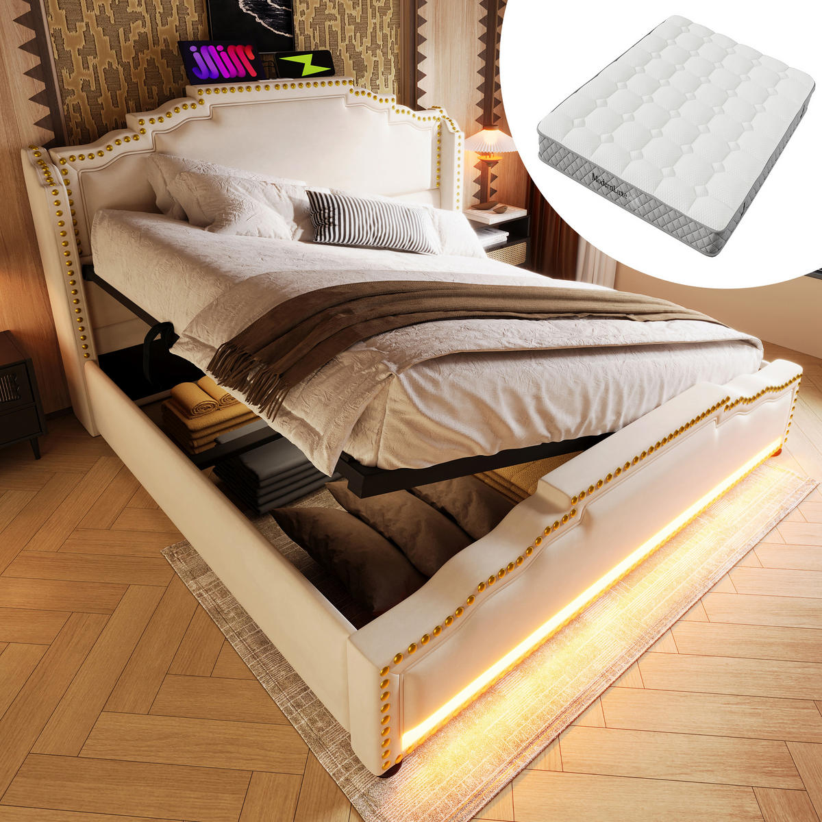 POLSTERBETT 140/200 cm in Beige Samt mit Bettkasten, LED und USB Type-C - Beige, Holzwerkstoff/Textil (140/200cm) - WISHDOR