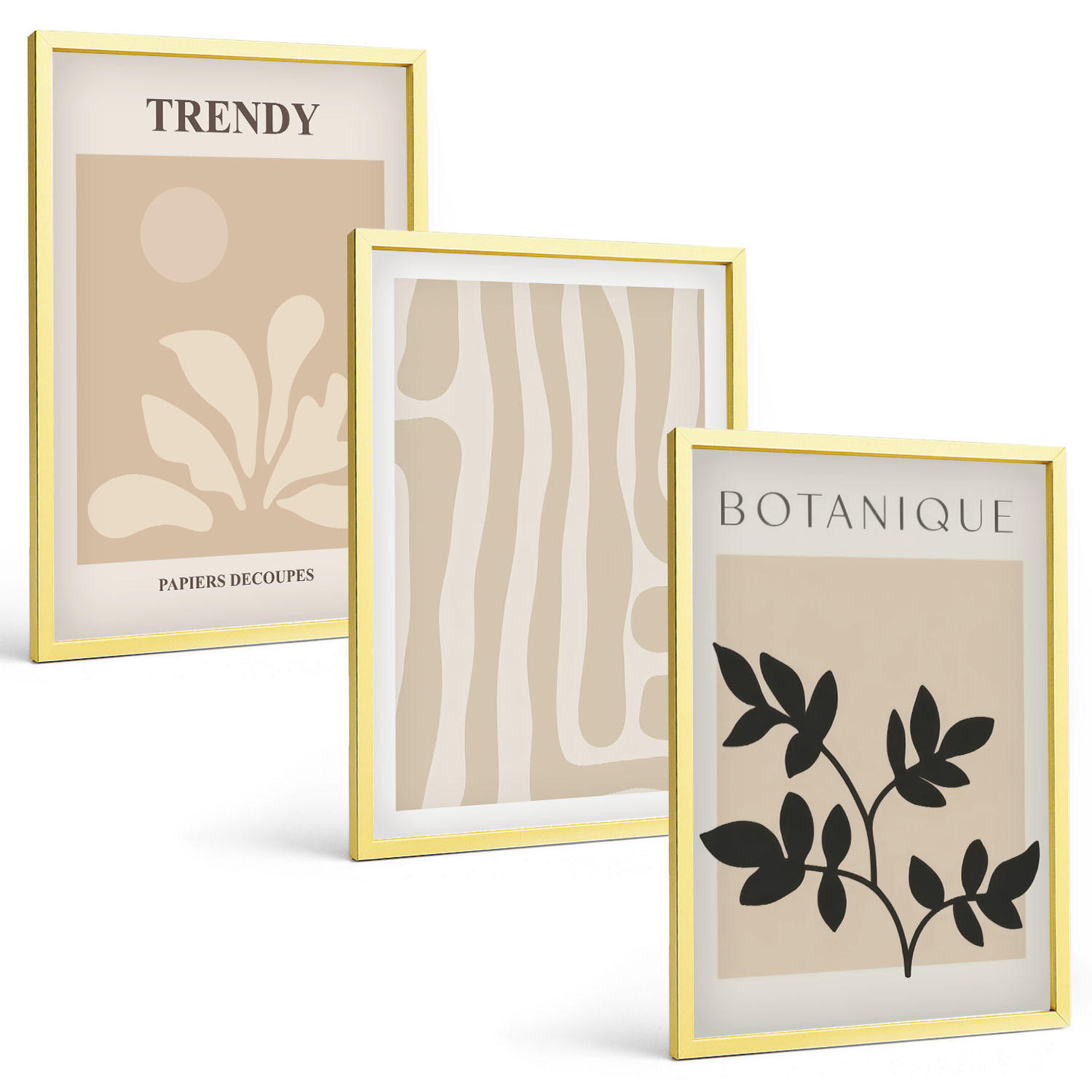 BILDER SET 3er Set - 40x60 cm Goldrahmen - Stilvolle Pflanzenmuster in Beige und Schwarz - Goldfarben, Kunststoff (40/60cm) - TULUP