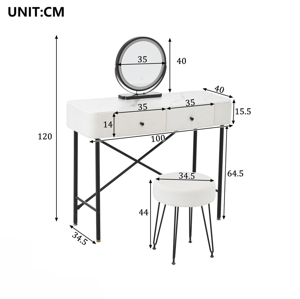 SCHMINKTISCH 100/40/120 cm in Weiß mit LED-Spiegel, 2 Schubladen und Hocker - Weiß, Holzwerkstoff (40/120/100cm) - Flora Grace