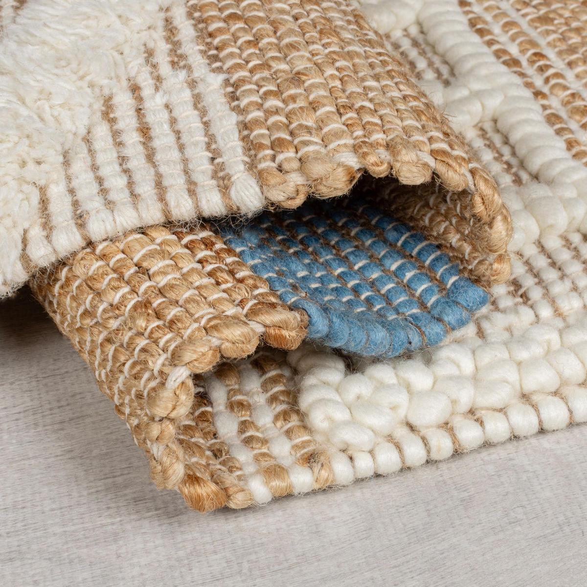 TEPPICH Hoch-Tief Struktur Gestreift, Ethno-Stil, mit Fransen wendbar, Esszimmer Natur-Blau Rechteckig 160x230 - Blau, Textil (160/230cm) - KADIMA DESIGN
