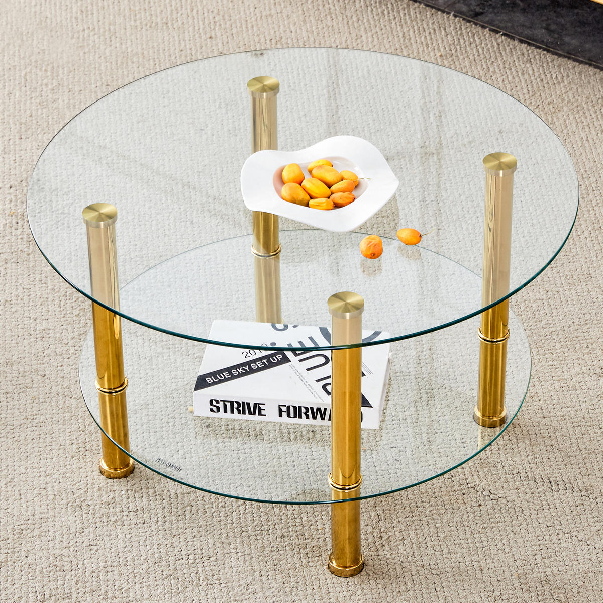 COUCHTISCH in Gold zweistufiger Glascouchtisch mit leichtem Luxusdesign für Wohnzimmer, B70/T70/H42 cm - Transparent/Goldfarben, Glas/Holzwerkstoff (70/70/42cm) - STILVORA