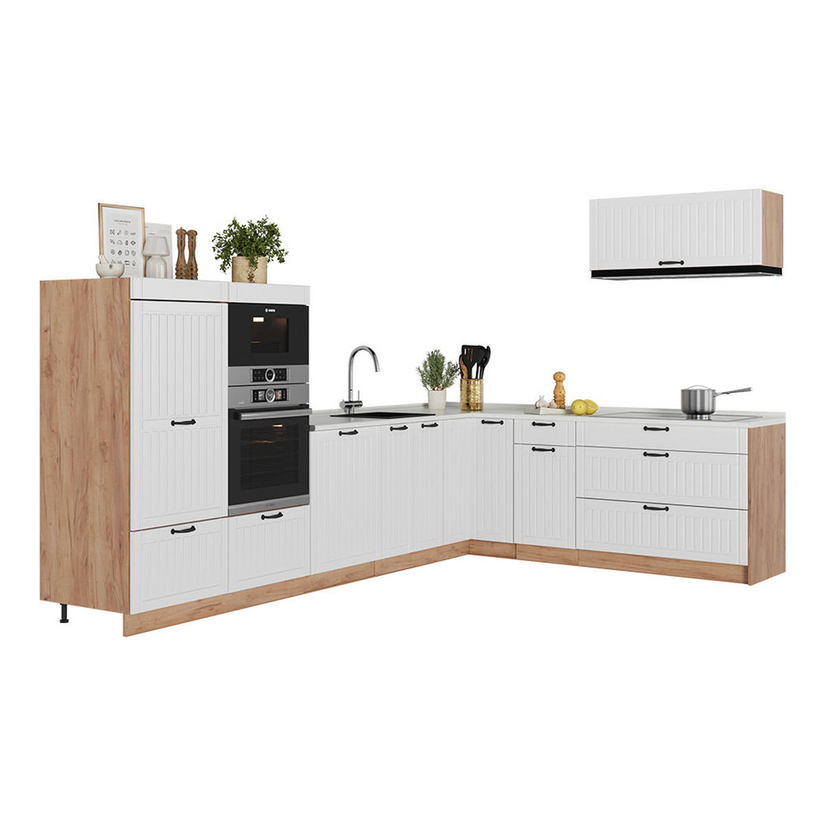 HÖRNKÖK Fame-Line, Vitt hus på landet/Goldkraft ek, 327 x 227 cm utan bänkskiva - Vit/Honungsek, Träbaserade material (327/153.6/51.6cm) - Vicco