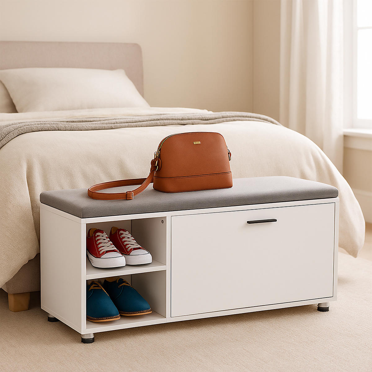 2-TLG.SCHUHBANK mit Schrank Set - Weiß/Grau, Holzwerkstoff/Textil (100/48.5/35.5cm) - Relaxdays