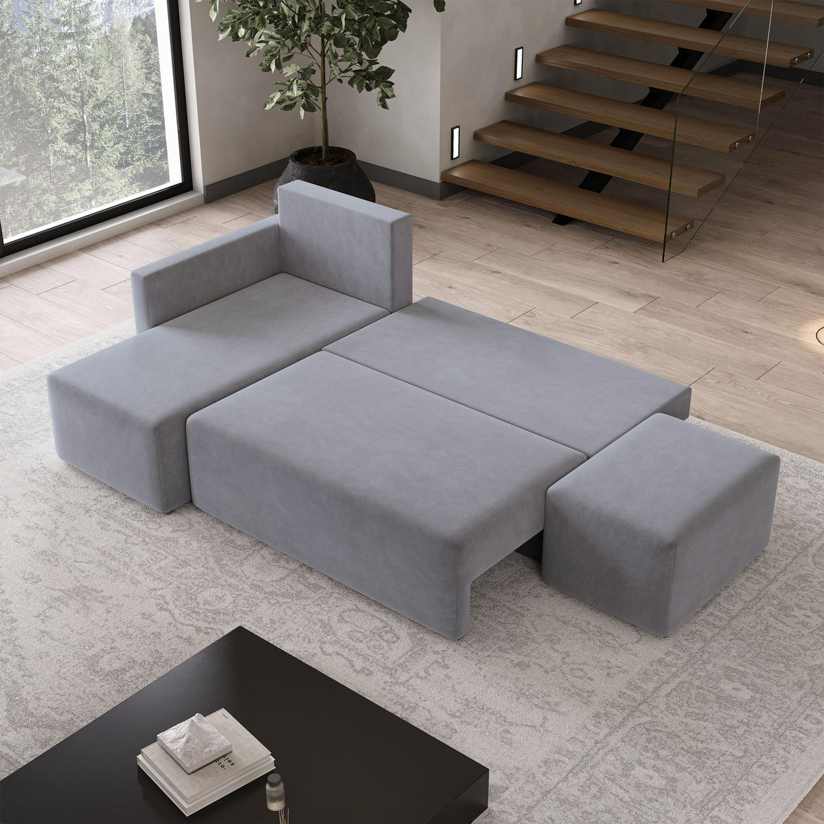 ECKSOFA VELOTTI L-S Grau Plüsch-Stoff mit Schlaffunktion - Grau, Holz (261/143cm) - MASSENO