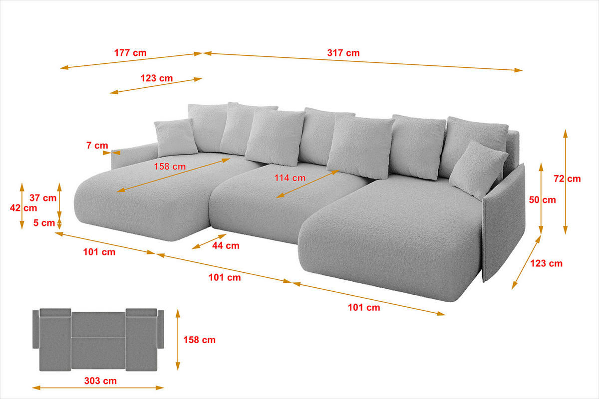WOHNLANDSCHAFT mit Schlaffunktion und Bettkasten ONESK-U-v1 317x177x72 Hellgrau Bouclé - Hellgrau, Holzwerkstoff/Kunststoff (317/72/177cm) - ALTDECOR