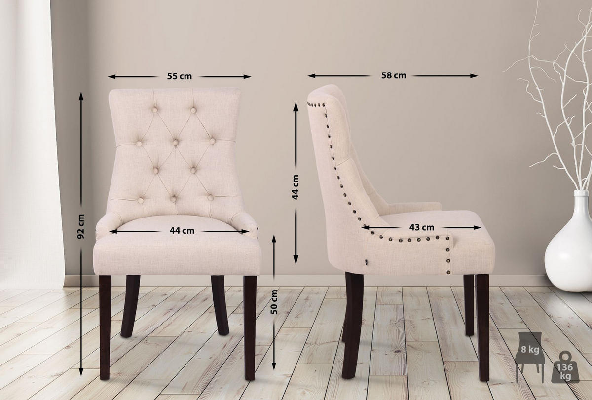 WOHNZIMMERSTUHL 2er Set Stoff creme - Creme, Holz/Textil (55/92/58cm) - CLP