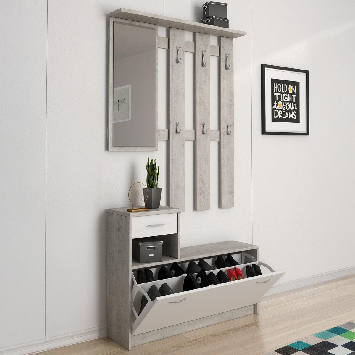 GARDEROBE Holz-Effekt Zement, Weiß 25x100h180 - Weiß/Grau, Holzwerkstoff (100/190/26cm) - DMORA