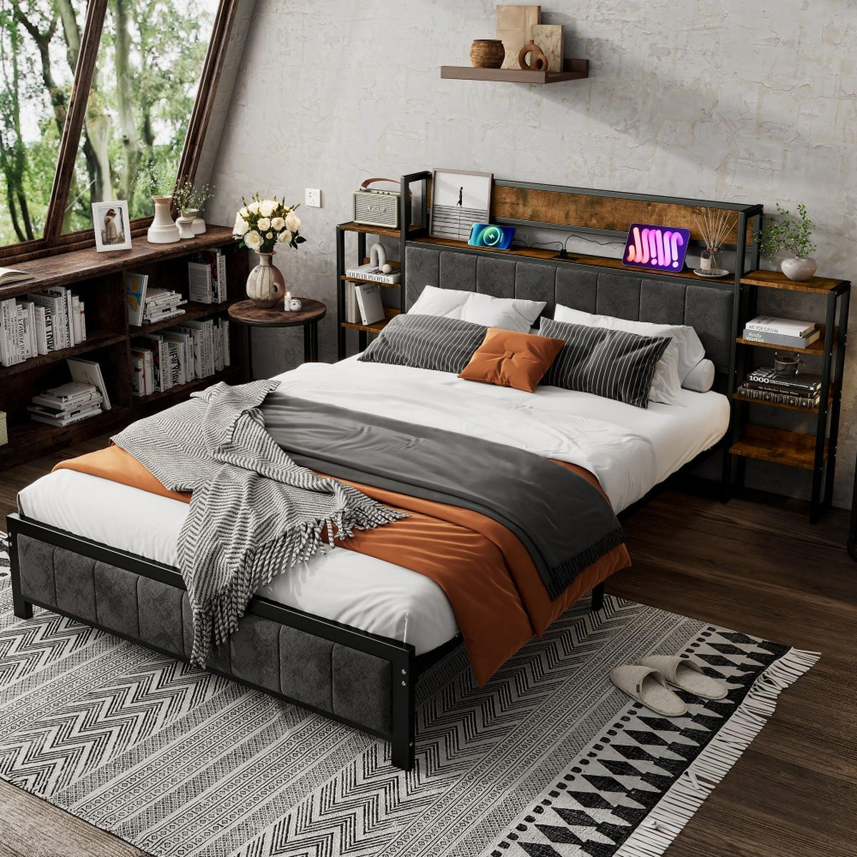 METALLBETT 140x200cm in Schwarz + Walnus，Kopfteil mit Regal - Schwarz, Metall (140/200cm) - KOMHTOM