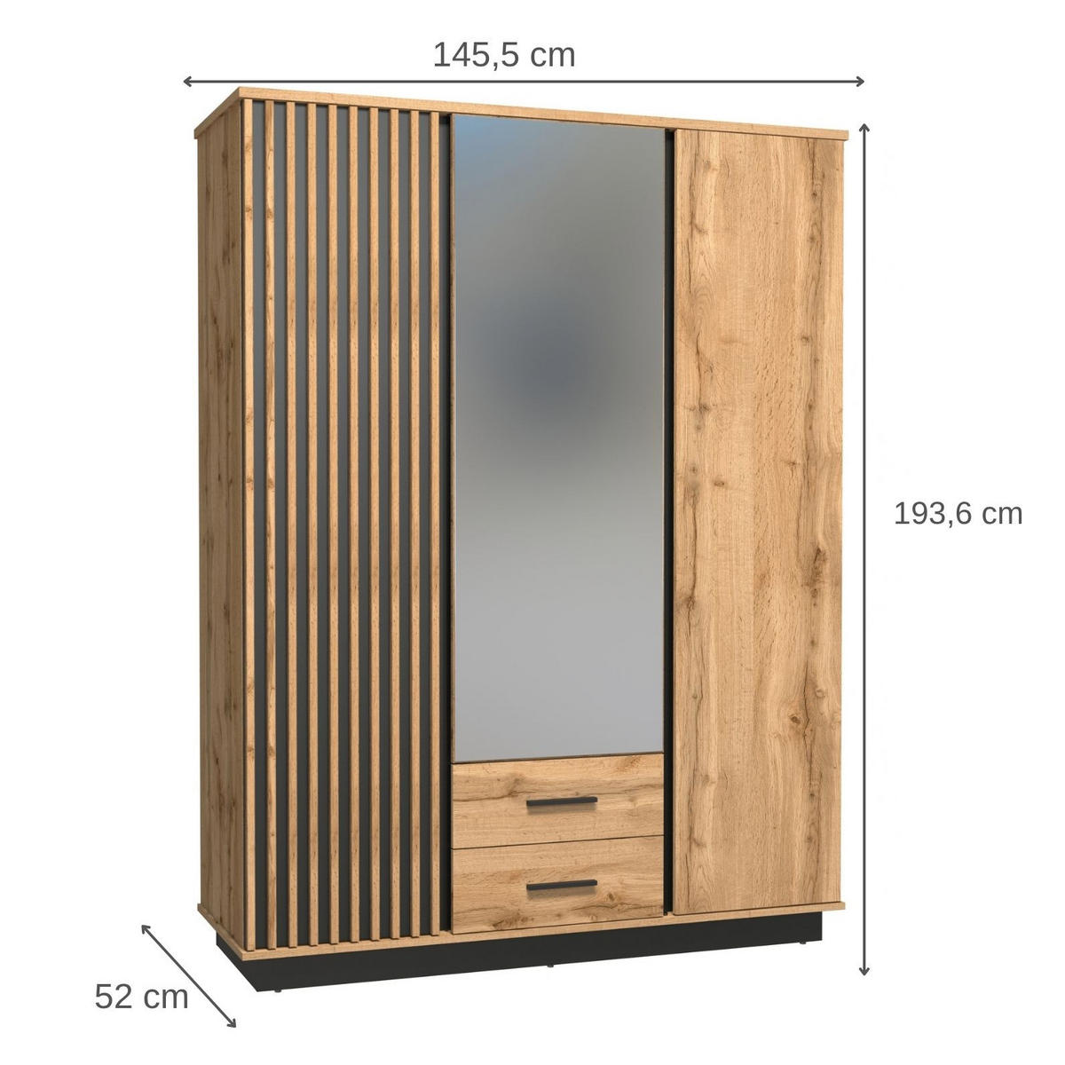 DREHTÜRENSCHRANK Lamelo mit 3 Türen und 2 Schubladen, mit Lamellen, 145 cm, Eiche Wotan - Eiche Wotan, Holzwerkstoff (145/194/52cm) - Beautysofa