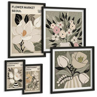 BILDER SET 5er Set - 50x50 cm & 20x30 cm & 40x60 cm Schwarzer Rahmen - Retro-Blumen aus Städten rund um die Welt - Schwarz, Kunststoff (40/60cm) - TULUP