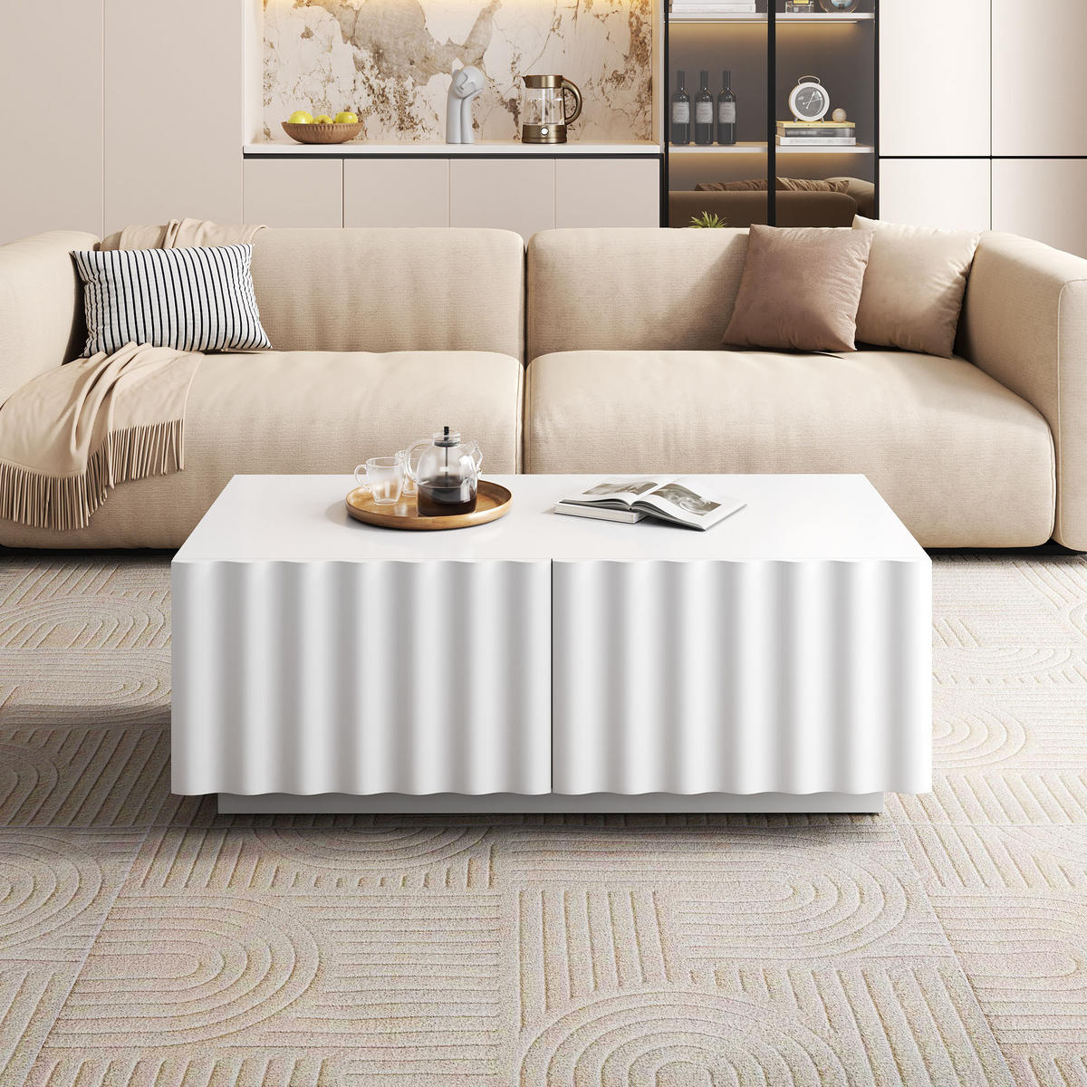 COUCHTISCH in Weiß Wohnzimmertisch mit Wellenmuster und Schubladen, 100 B x 50 T x 40 H(cm), für Wohnzimmer - Weiß, Holzwerkstoff (50/100/40cm) - STILVORA