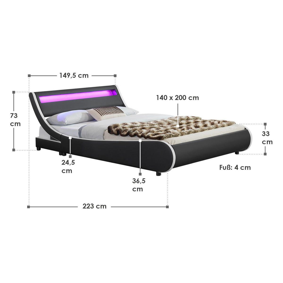 POLSTERBETT Valencia schwarz 140x200 cm mit LED - Schwarz, Textil (140/200cm) - Juskys
