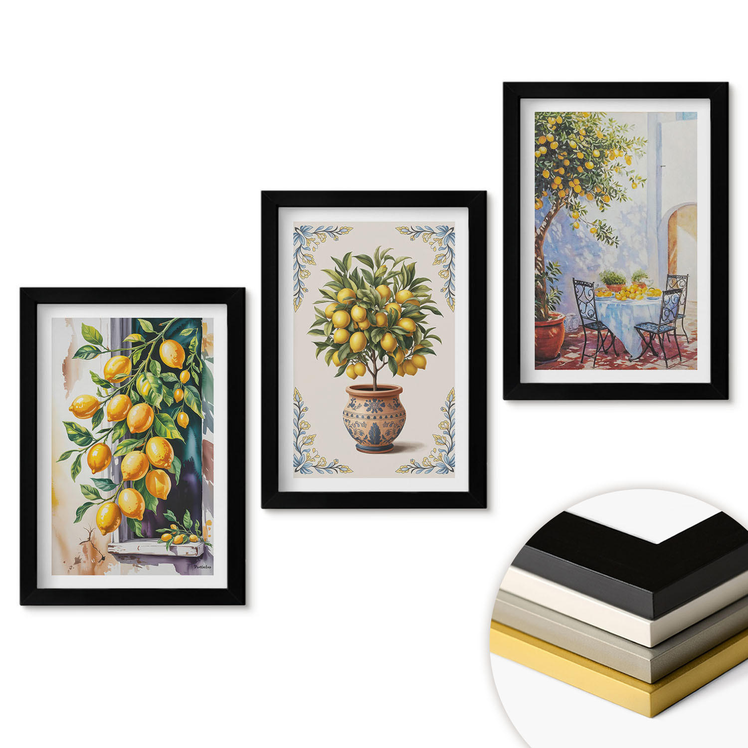 WANDBILDER 3er-Set - 20x30 cm Schwarzer Rahmen - Zitronenbäume Früchte Sonne - Schwarz, Kunststoff (20/30cm) - ArtPrintCave