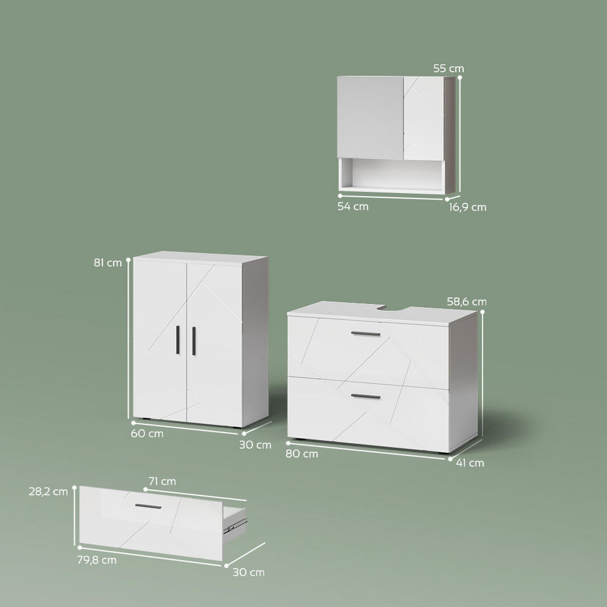 BADMÖBEL-SET Ronco Weiß Hochglanz 3 Teile, mit Unterschrank 80 cm - Weiß Hochglanz/Weiß, Holzwerkstoff (80/58/41cm) - Livinity®