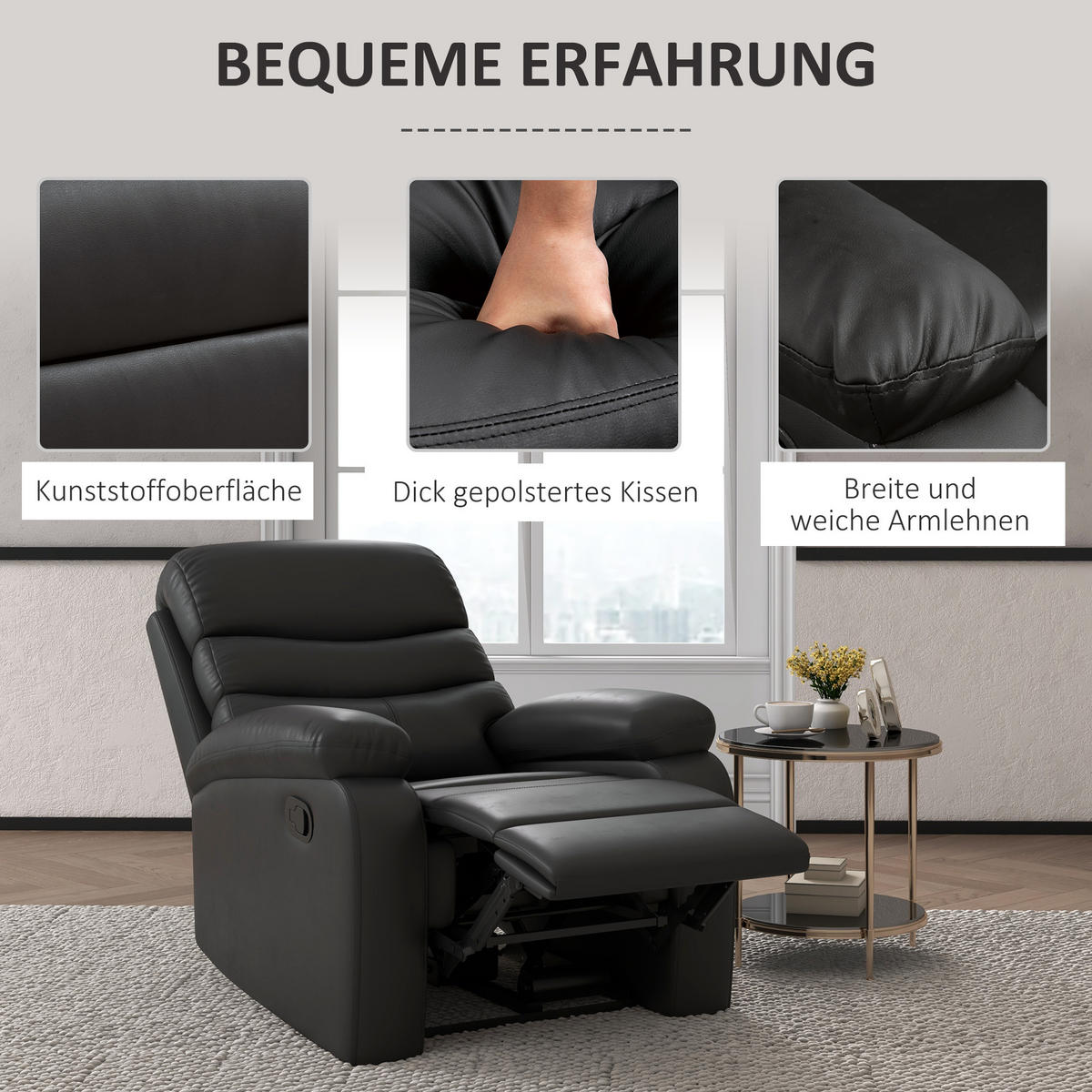 RELAXSESSEL Liegesessel Sessel mit Liegefunktion bis 125 kg Belastbar Schwarz - Schwarz, Kunststoff (90/105/78cm) - HOMCOM