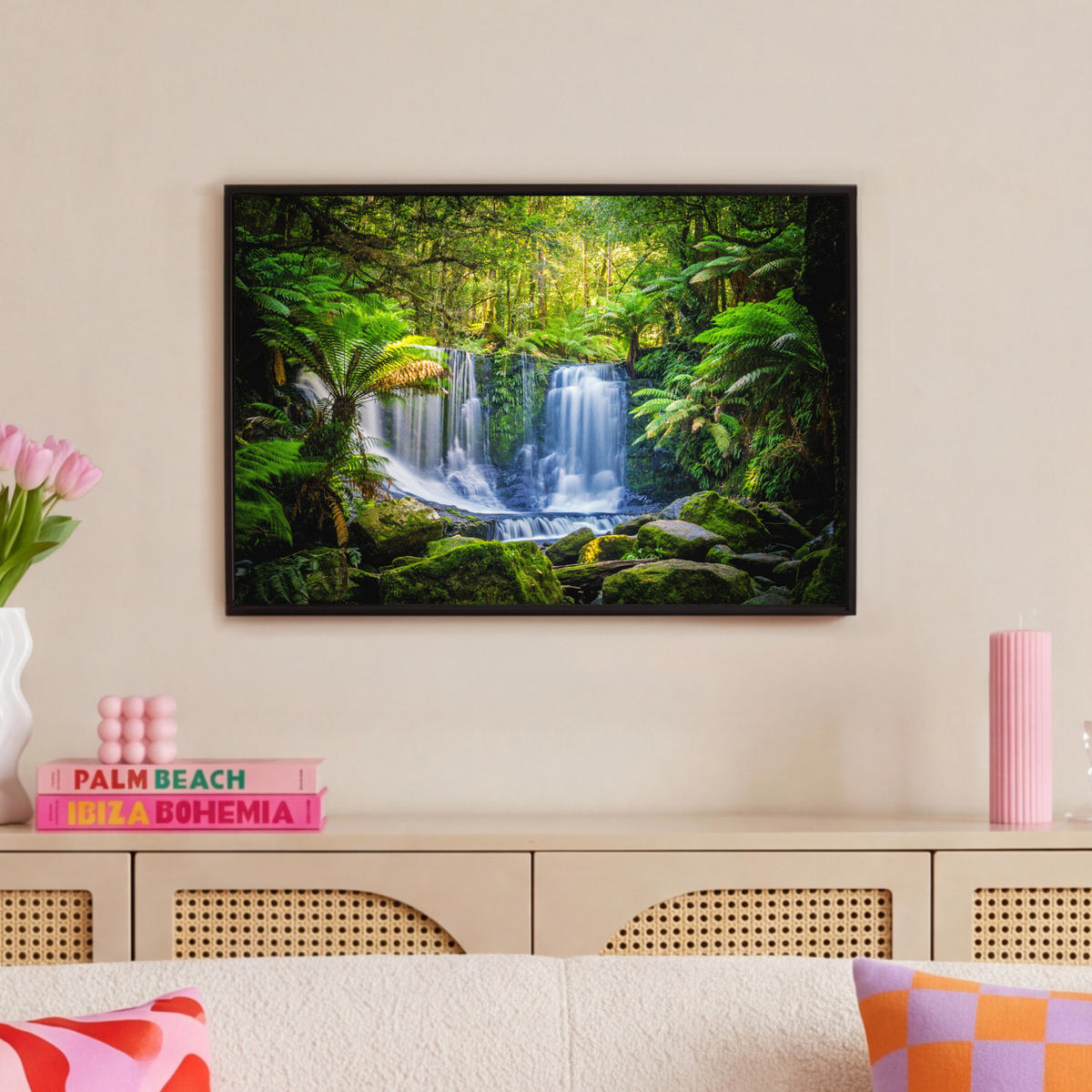 LEINWAND Bilder mit Rahmen - Dschungel - Wasserfall - Australien - Pflanzen - Natur - 60x40 - Dunkelgrün, Textil (60/40cm) - MuchoWow