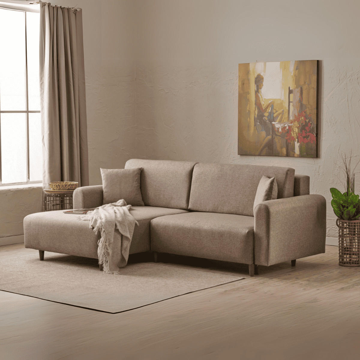 ECKSOFA mit Schlaffunktion und linksseitiger Récamiere - mane 246/160/85 cm - Taupe, Holz (160/246cm) - Calicosy
