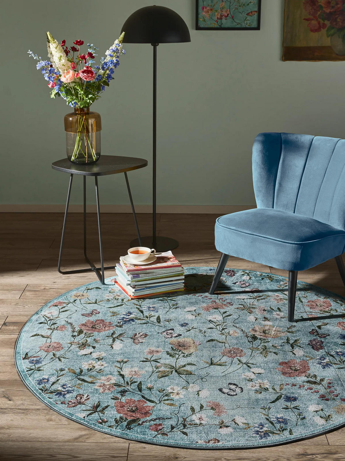 TEPPICH Milly waschbar Multicolor/Türkis ø 160 cm rund - Türkis/Multicolor, Kunststoff/Textil (160/160cm) - benuta