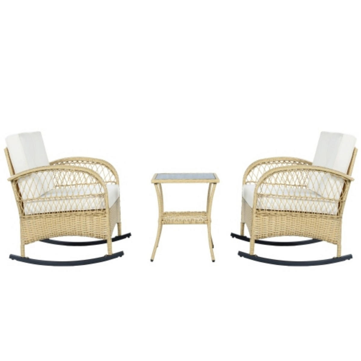 BALKONSET 3-tlg,BISTRO SET,PE-Rattan Schaukelstuhl,für 2 Personen,Weiß - Weiß, Metall - LVHOM