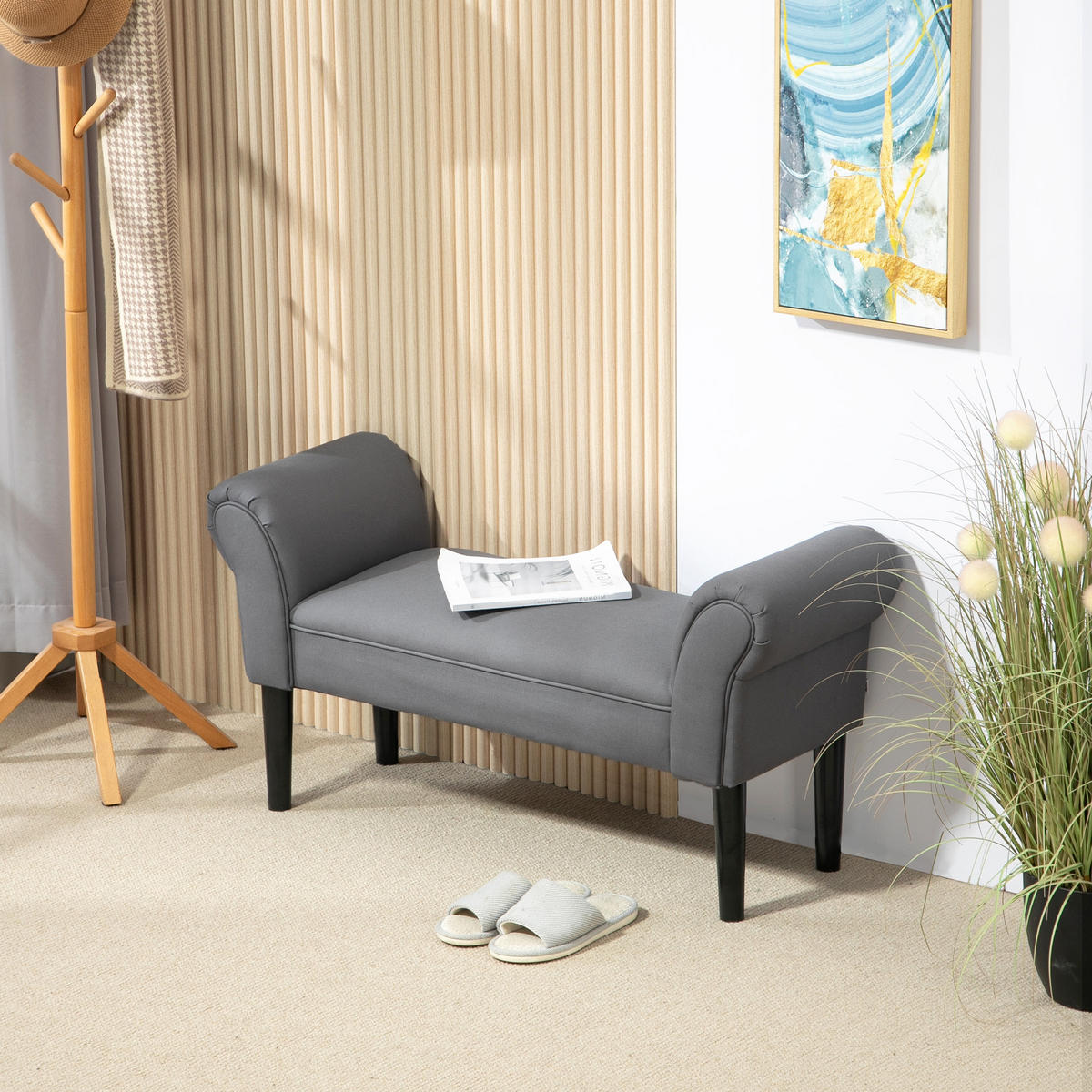 BETTBANK, Polsterbank, Sitzbank, Flurbank für Schlafzimmer, bis 130 kg Grau - Dunkelgrau, Kunststoff (36/51/102cm) - HOMCOM