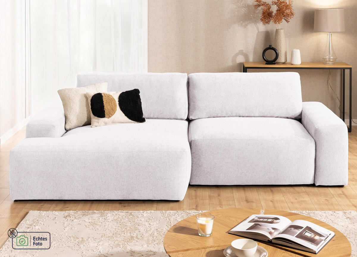 ECKSOFA Lennon aus Creme Strukturstoff mit Schlaffunktion und Bettkasten - Creme/Schwarz, Holz/Kunststoff (137/264cm) - S-Style